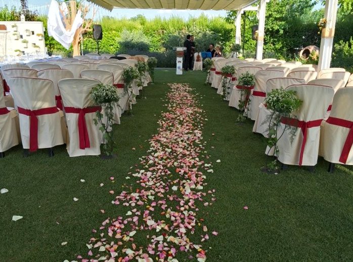 Boda civil, ¿dónde oficiarla? 13 celebración de boda en un jardín con pétalos en el suelo
